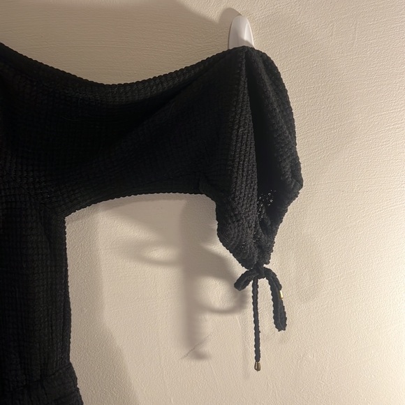 Blue ivy Long sleeve black 2 layer off the shoulder waffle romper - Picture 9 of 11